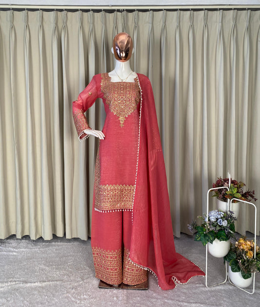Wedding Special Crunchy Cording With sequence Embroidery Work Palazzo Set