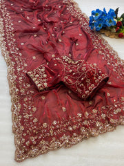 Beautiful Space Silk With Beautiful Original Golden Beads Work Saree With Stitched Blouse