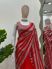 Party-wear Red Georgette Thread With Sequence Work Saree
