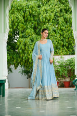Unique Dusty Coloured Georgette Embroidery Work Gown