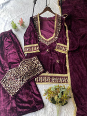 Winter Season velvet Real Mirror Embroidery Work Suit