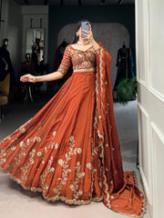 Trending Rust Rangoli Silk Sequins & Thread Embroidery Work Lehenga Choli