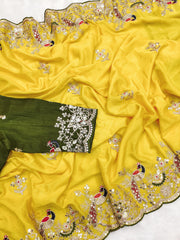 Beautiful Chinon Silk With Heavy Embroidery Thread Codding & Sequins Work Saree