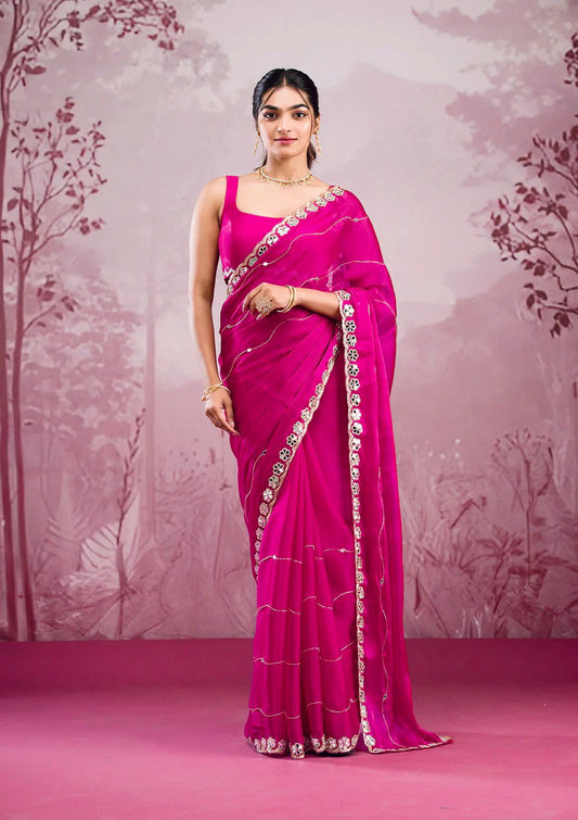 Trending Party-wear Soft Burberry Silk Embroidery & Real Mirror Hand Work Saree