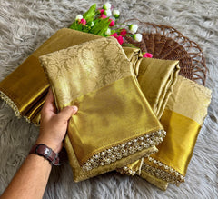 Golden Beauty Tissue Silk Beautiful Ghungroo & Pearl Border Work Saree