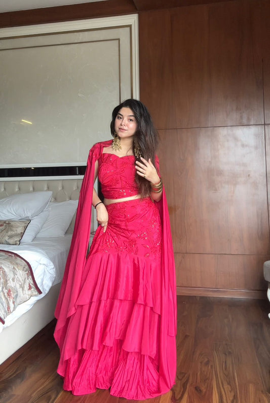 Party-wear French Crape Sequence & Embroidery Work Indo Western Skirt