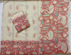 Beautiful Cream Khadi Silk Printed Saree
