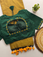 Beautiful Khadi Cotton Saree With Designer Stitched Blouse