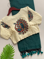 Beautiful Pure Khadi Cotton With Apllic Work Peacock Designer Blouse Saree