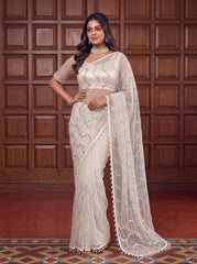 Party-wear Net Bits Sequence Pearls Embroidery Work Saree