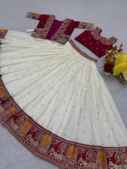 Festival Special Vichitra Silk Embroidery Thread Work Lehenga Choli With Koti