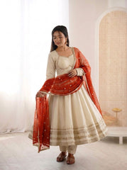 Beautiful Cosmos Gold Elegant Heavy Lace Work Designer Anarkali