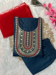 Beautiful Slub Cotton With Embroidery & Sequence Work Dress