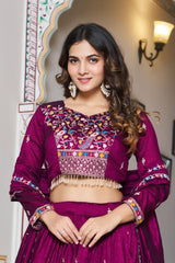 Wedding Special Vichitra Silk Embroidery Sequence Beads & Thread Work Lehenga With Stitched Blouse