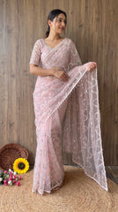 Party-wear Soft Net Real Beads With Moti Work Saree