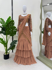 Beautiful Stylish Georgette Thread With Sequence Work Ruffle Saree With Stitched Blouse