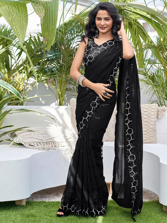 Party-wear Black Georgette Embroidery Sequence Work Saree