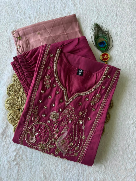 Beautiful Roman Silk With Beads Embroidery Work Dress