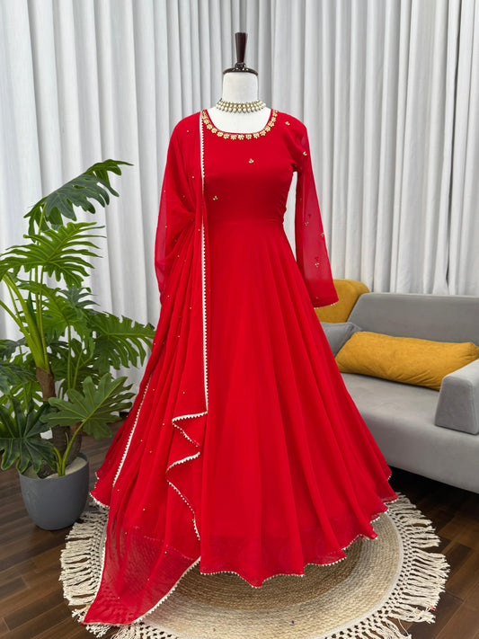 Elegant Ethnic Red Georgette Hand-Work & Stone Work Gown