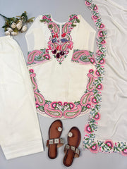 Stylish Beautiful White Georgette Embroidery Thread Work Suit