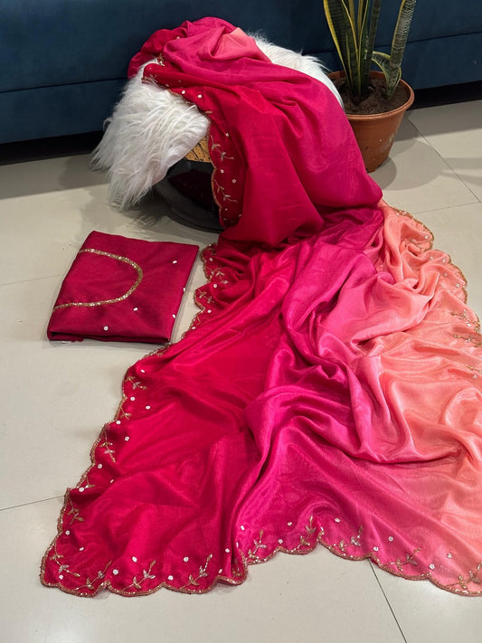 Beautiful Pure Soft Chinon Peding Handwork Border Saree