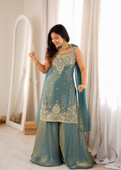 Party-wear Fendy Silk Embroidery Sequence & Zari Work Sharara