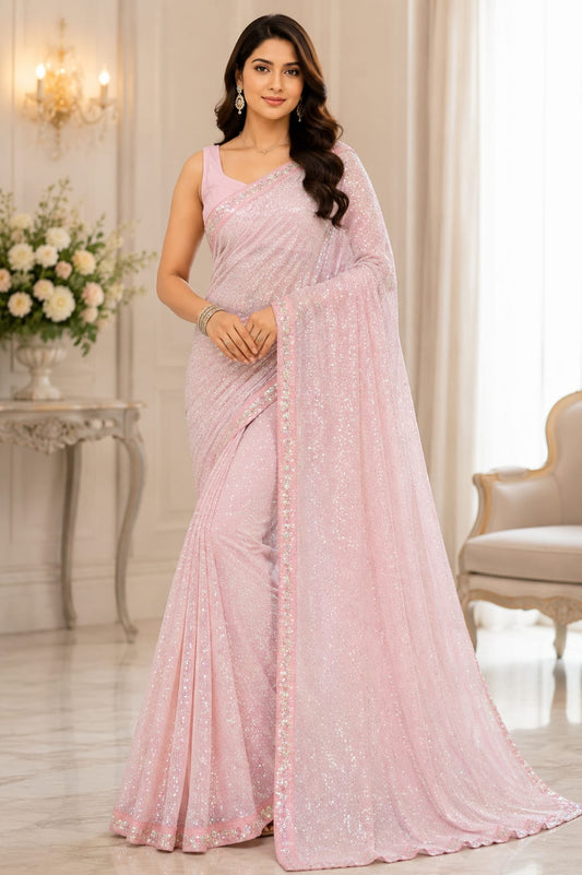 Party-wear Georgette Khichdi Sequence Embroidery Work Saree