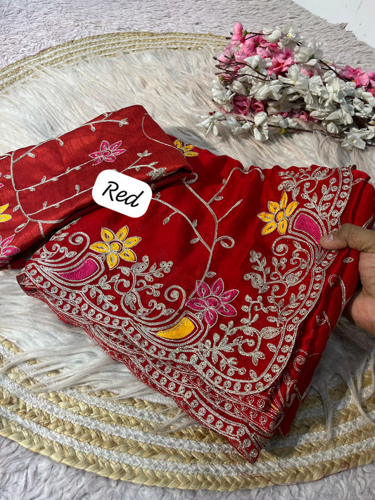Beautiful Satin Chiffon Chainstiched Work Saree