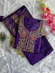 Beautiful Roman Silk With Embroidery & Sequence Work Purple Dress