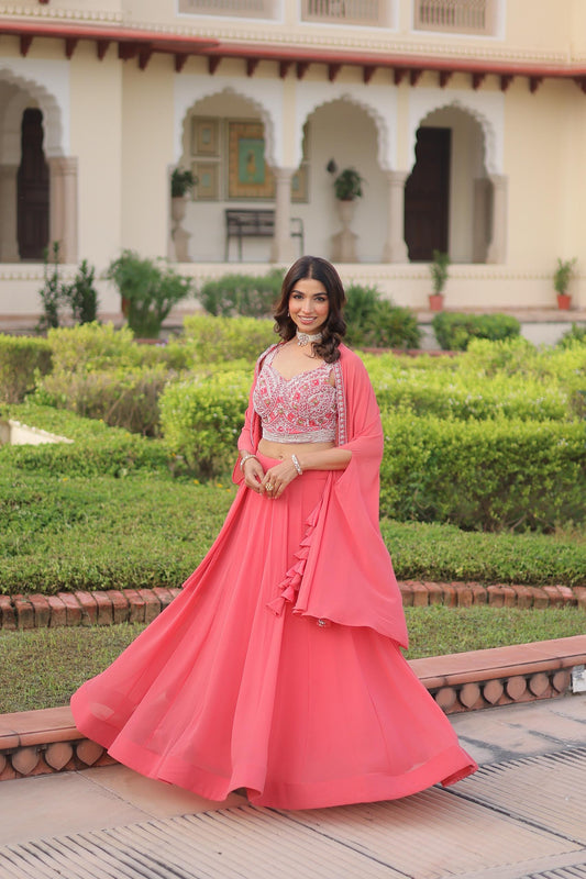 Wedding Special Indo Western Georgette Lehenga Shrug With Stitched Blouse