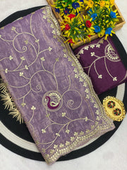 Beautiful Gold Crush Multi Coding Embroidery Work Designer Saree