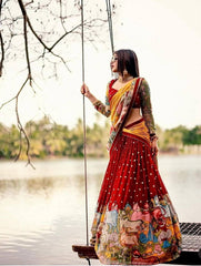 Beautiful Georgette Kalamkari Printed & Embroidery Thread Work Lehenga With Stitched Blouse