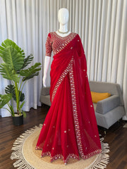 Trending Designer Cherry Red Fendy Silk Beads Thread & Sequence Work Saree