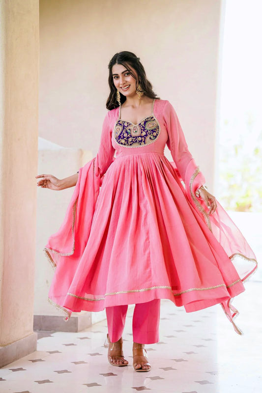 Party-wear Crunchy Silk Embroidery Thread & Sequence Work Gown