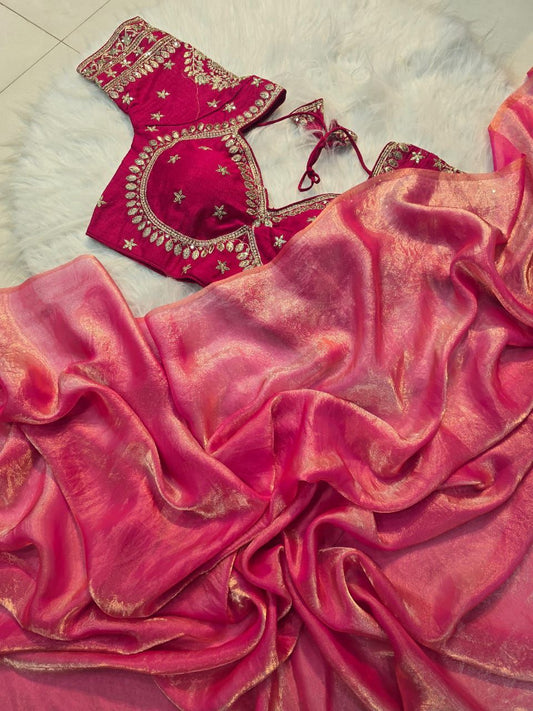 Beautiful Heavy Space Silk Saree With Designer Stitched Blouse