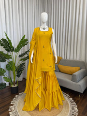 Haldi Special Chinon Silk Thread Work Suit