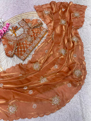 Party-wear Fendy Satin Brits Work Saree With Stitched Blouse