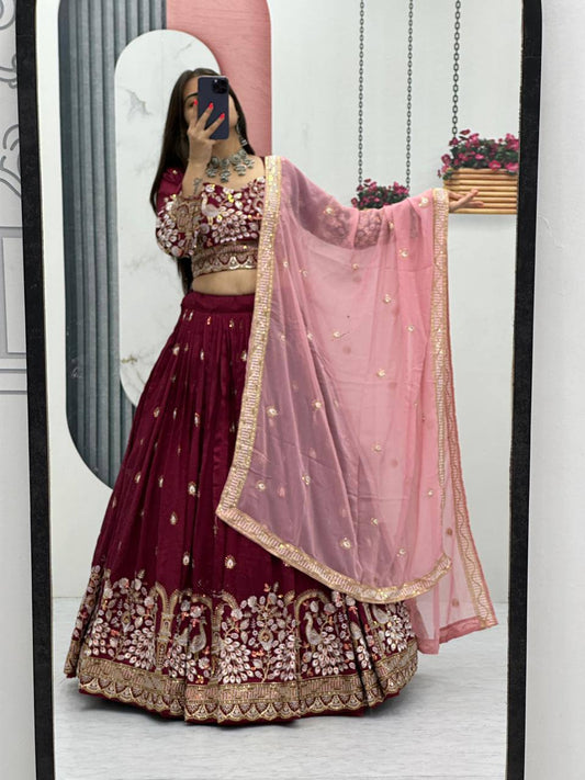 Festive Special Vichitra Silk Embroidery Thread & Sequence Work Lehenga With Stitched Blouse