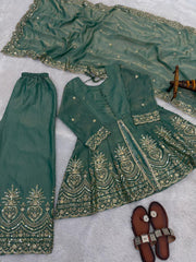 Trendy Stylish Fendy Silk Real Mirror With Embroidery Sequence Work Suit