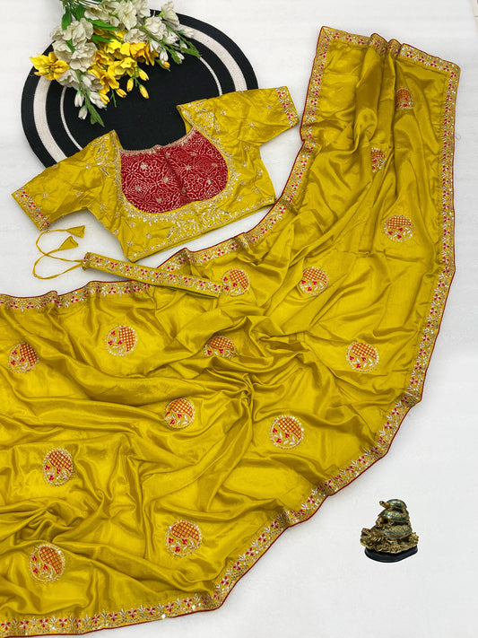 Beautiful Chinon Silk Embroidery Sequence Work Saree With Stitched Blouse