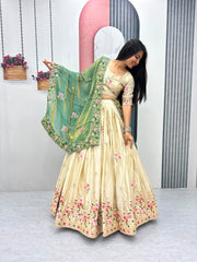 Festive Special Chinon Silk Embroidery Thread Sequence Work Lehenga With Stitched Blouse