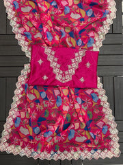 Beautiful Premium Georgette Digital Printed Embroidery Codding Sequence Work Saree