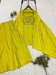 Trendy Stylish Franch Crape Real Mirror With Embroidery Work Blouse Skirt With Shrug
