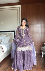 Party-wear Chinon Silk Printed Embroidery Work Sharara