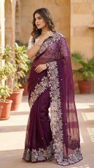 Beautiful Multi Sequence Embroidery With Work Saree