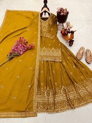 Party-wear Chinon Silk Embroidery Sequence Work Top With Lehenga