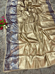 Beautiful Rich Golden-Beige & Navy-Blue Silk Saree