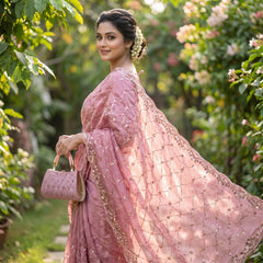 Party-wear Space Silk With Real Gold Beads With Cutwork Border Saree