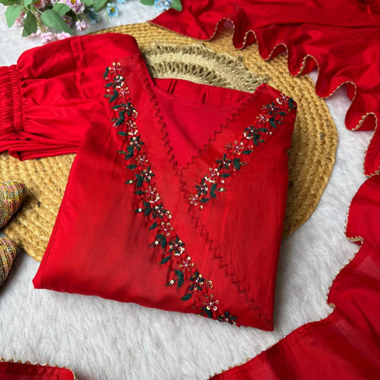 Beautiful Cherry Red Pure Mul Cotton Chanderi Gown