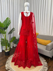 Stylish Red Net Thread With Sequence Work Sharara